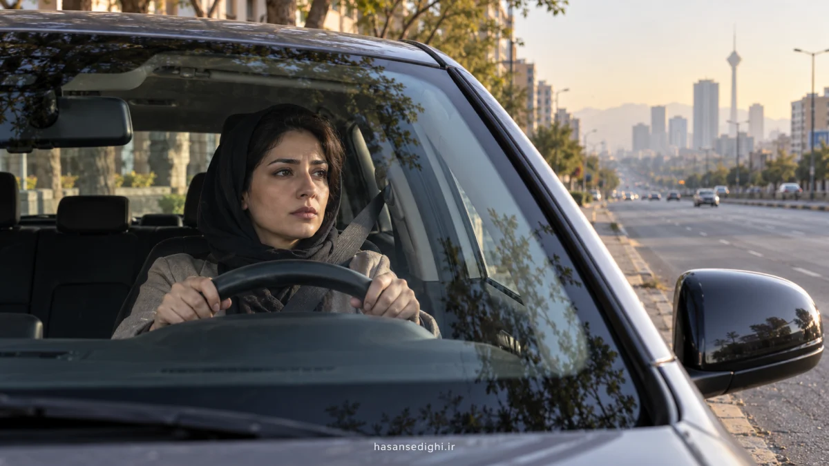 فردی با اضطراب رانندگی در خودروی متوقف پیش از شروع رانندگی در محیطی امن