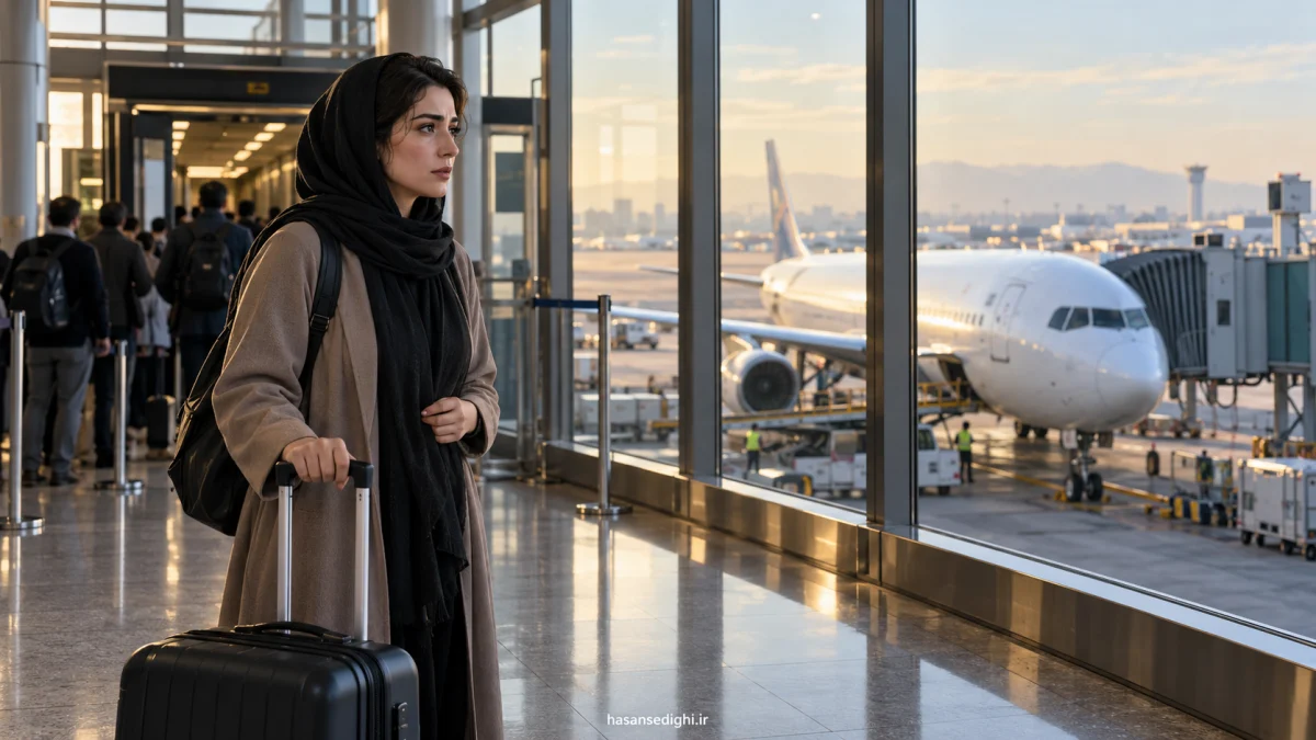 مسافری با اضطراب پیش از پرواز در فرودگاه و هواپیمای آماده سوار شدن